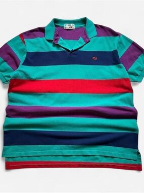 Vintage 1990s Perlis Polo-Style Striped Shirt - Teal, Navy & Red L/XL
